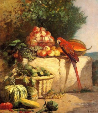 Frutas y verduras con un bodegón impresionista de loro. Pinturas al óleo